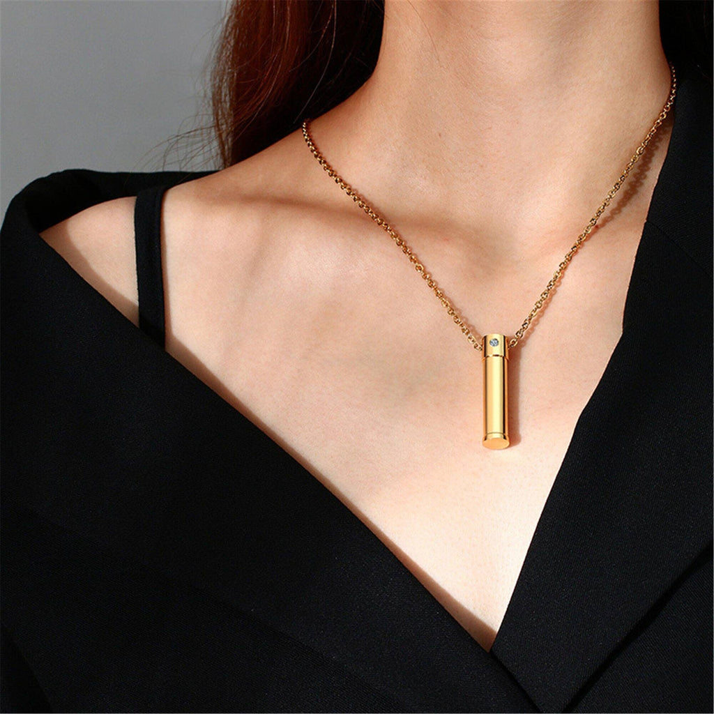Gold Human Ashes Urn Pendant Necklace in Stainless Steel: Silver / No Engrave