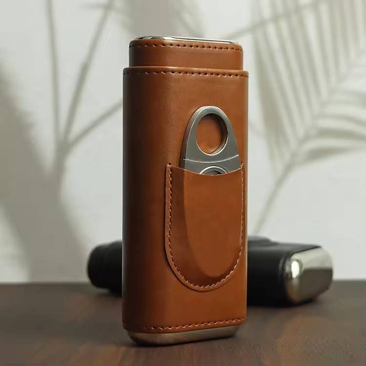 Genuine Leather Cigar Case, Wood Lined Humidor with Cutter: Black