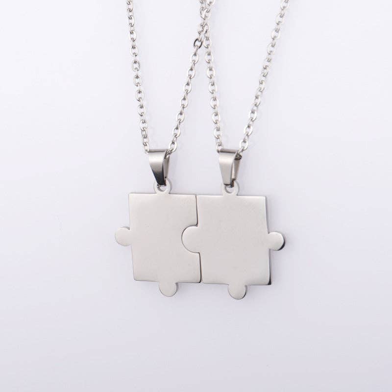 Puzzle Matching Couple Pendant Necklace in Stainless Steel: Gold