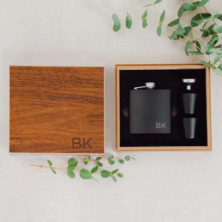 Wood Gift Box & Black Metal Hip Flask Set - Initials