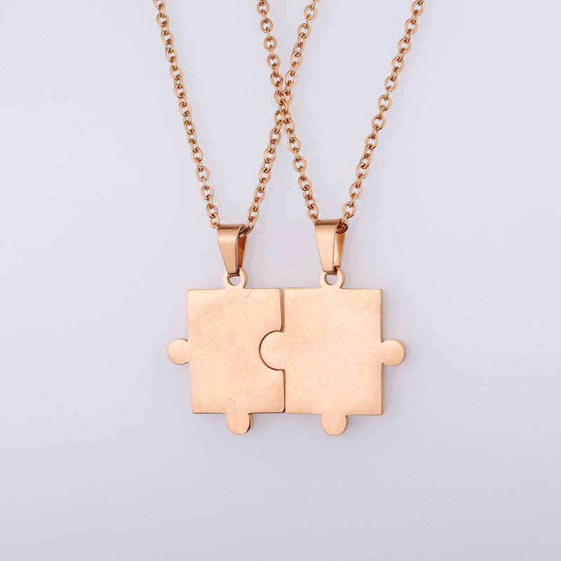 Puzzle Matching Couple Pendant Necklace in Stainless Steel: Gold