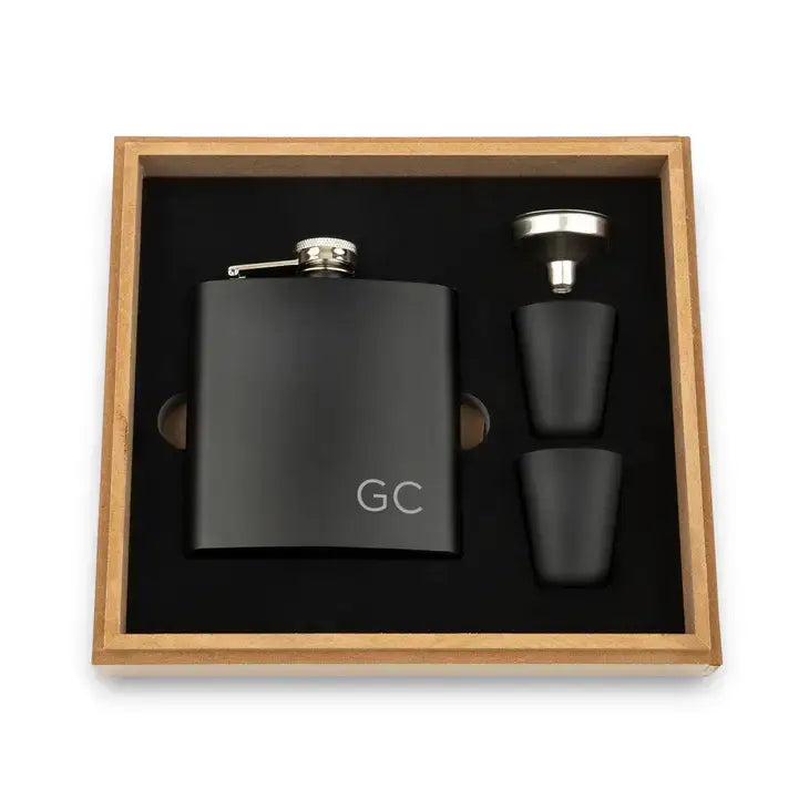 Wood Gift Box & Black Metal Hip Flask Set - Initials