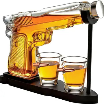 Pistol Gun Decanter Set + 2 Bullet Shot Glasses & Wood Stand