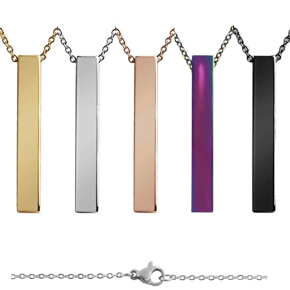 Engravable Large Square 4-Sided Vertical Bar Polished Stainless Steel Necklace: Rainbow