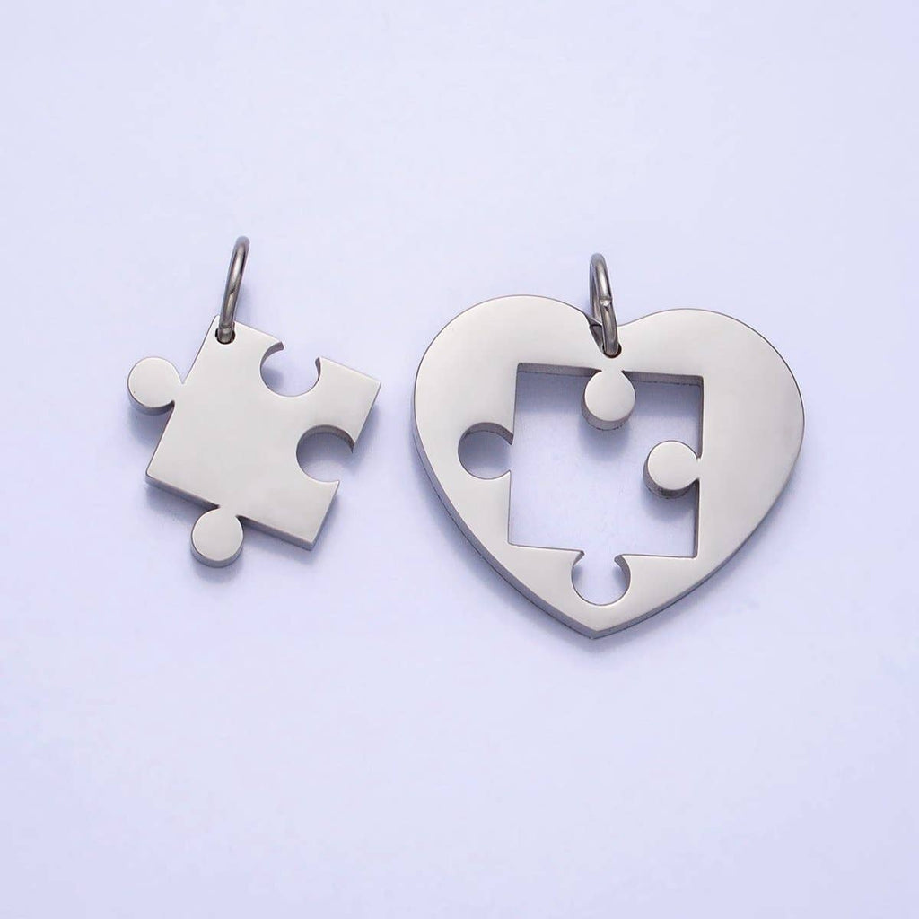 Stainless Steel Puzzle Heart Charm Set in Mixed Metal & Silver | P-927 P-928: Silver