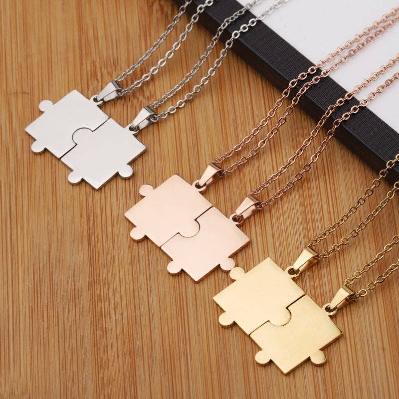 Puzzle Matching Couple Pendant Necklace in Stainless Steel: Silver