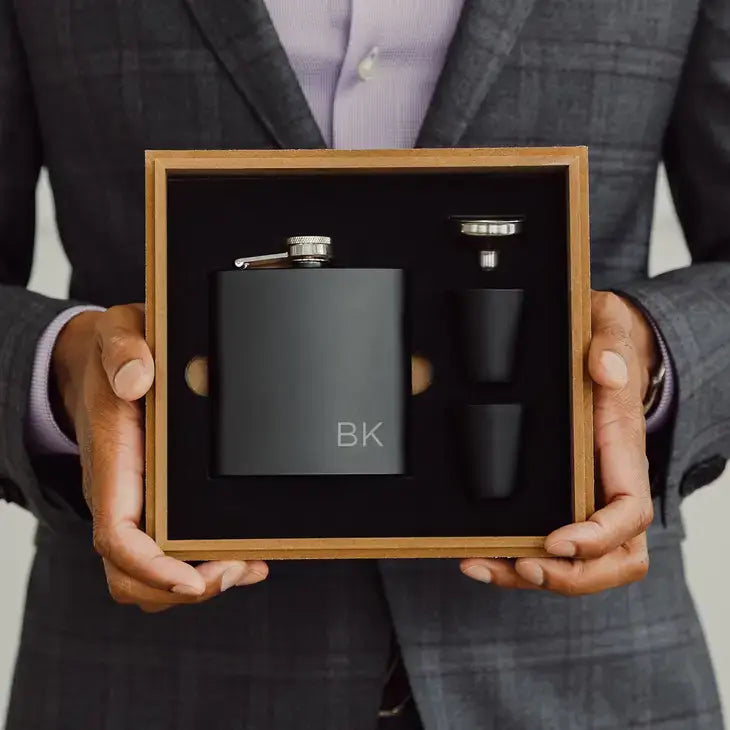 Wood Gift Box & Black Metal Hip Flask Set - Initials