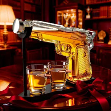 Pistol Gun Decanter Set + 2 Bullet Shot Glasses & Wood Stand