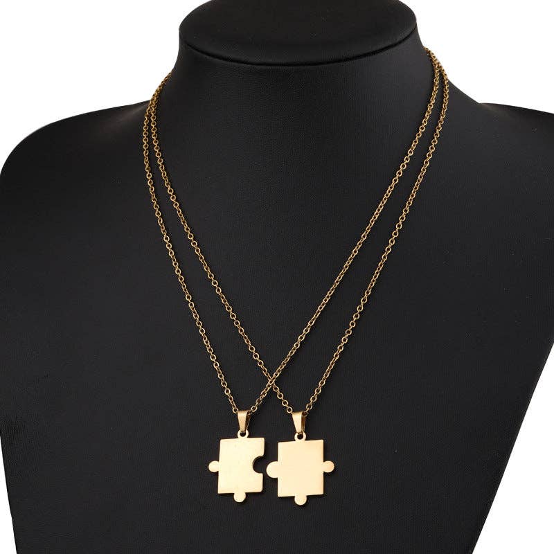Puzzle Matching Couple Pendant Necklace in Stainless Steel: Gold