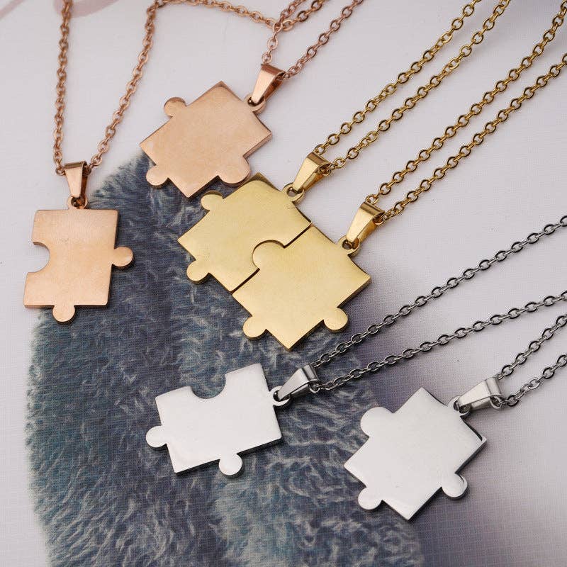 Puzzle Matching Couple Pendant Necklace in Stainless Steel: Silver