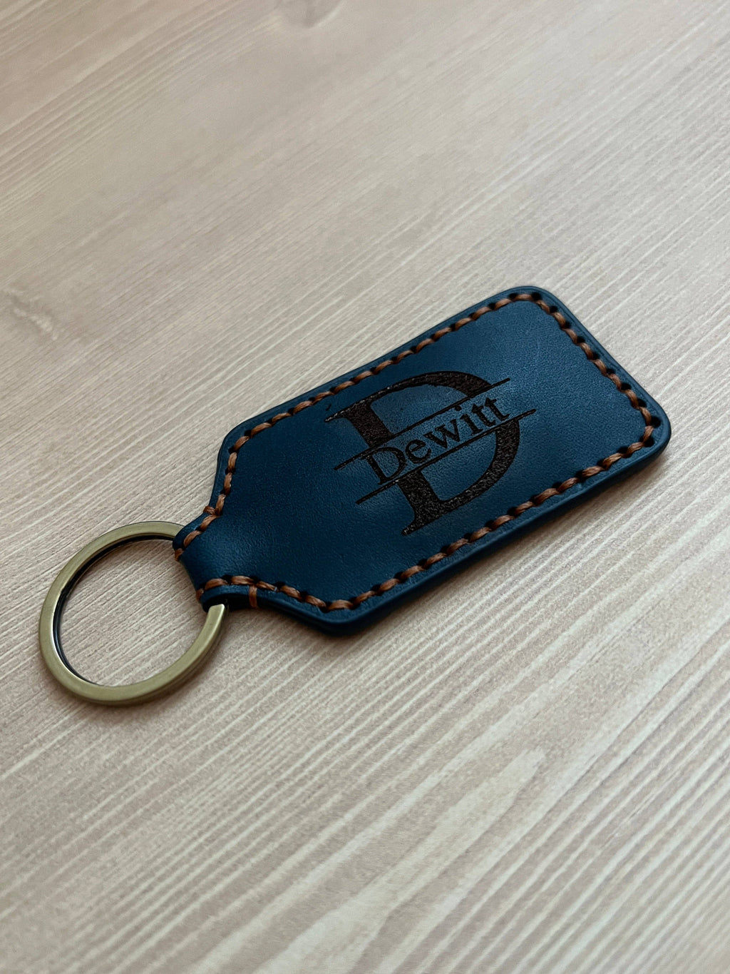Engravable Leather Rectangle Keychain: Brown