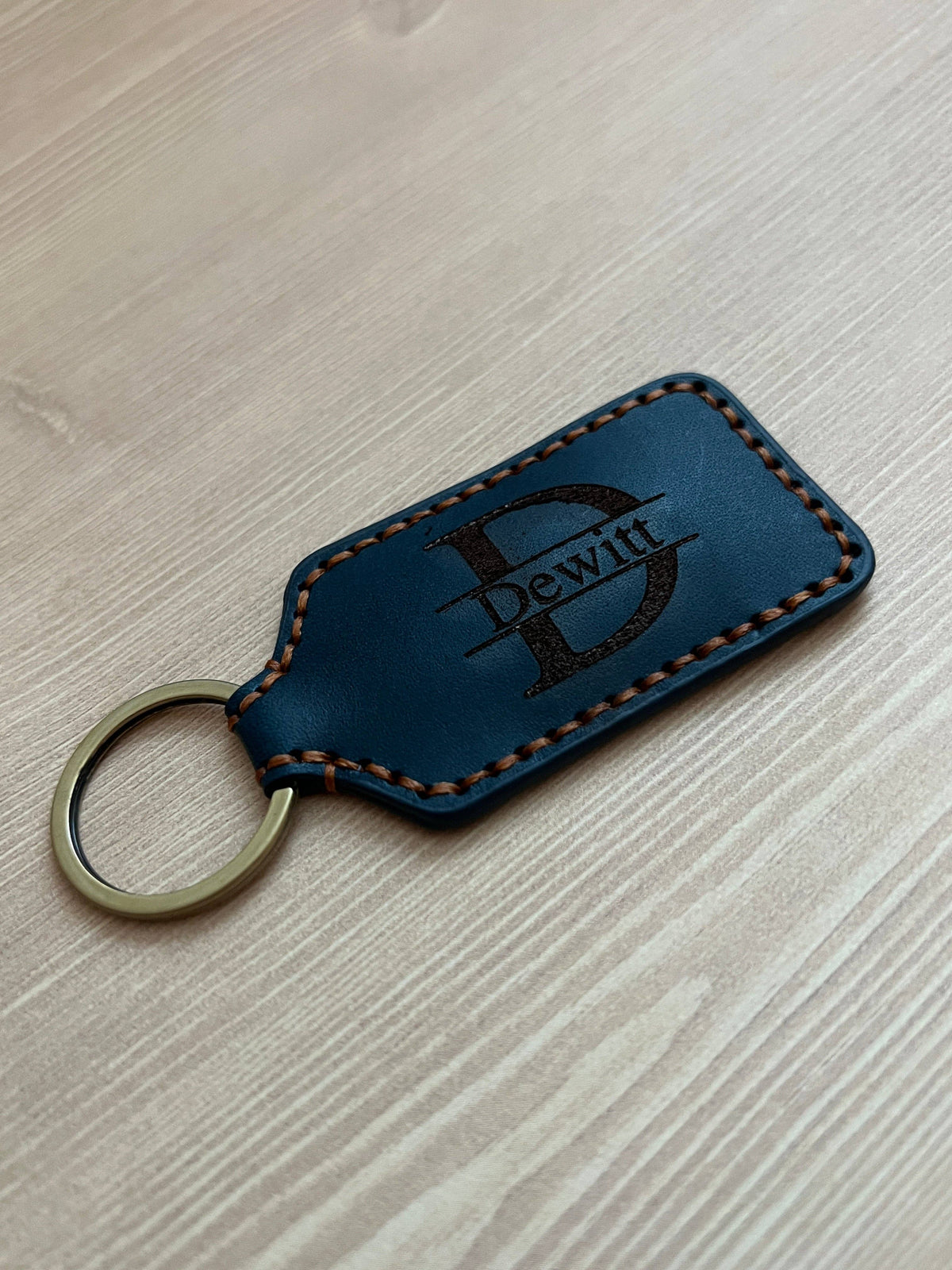 Engravable Leather Rectangle Keychain: Brown