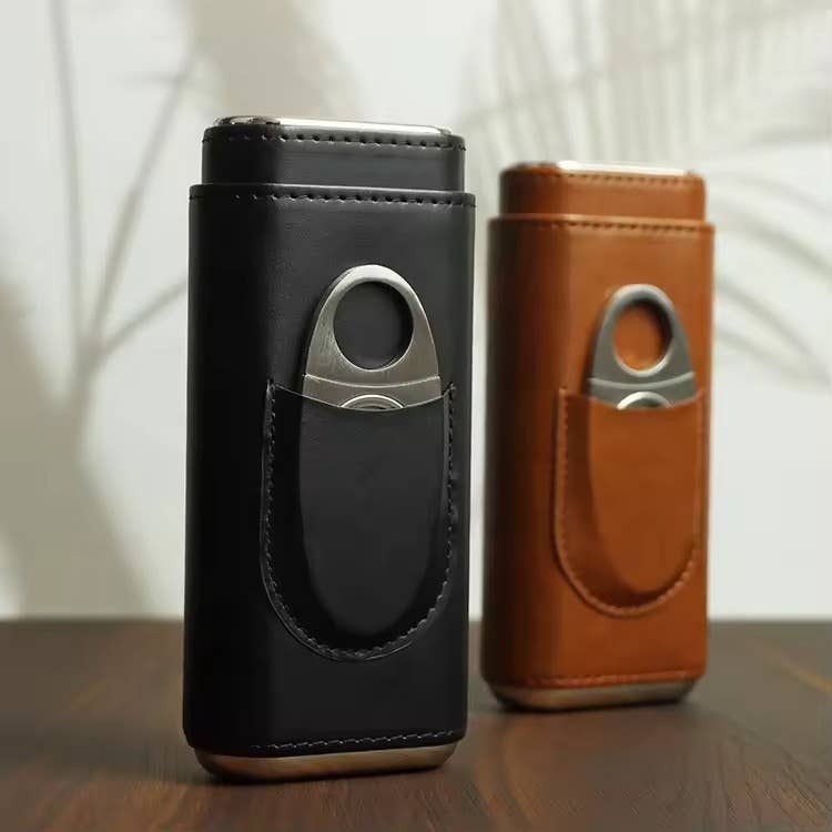 Genuine Leather Cigar Case, Wood Lined Humidor with Cutter: Black