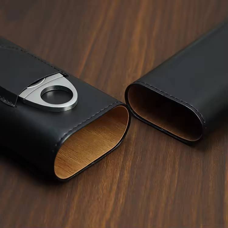 Genuine Leather Cigar Case, Wood Lined Humidor with Cutter: Black