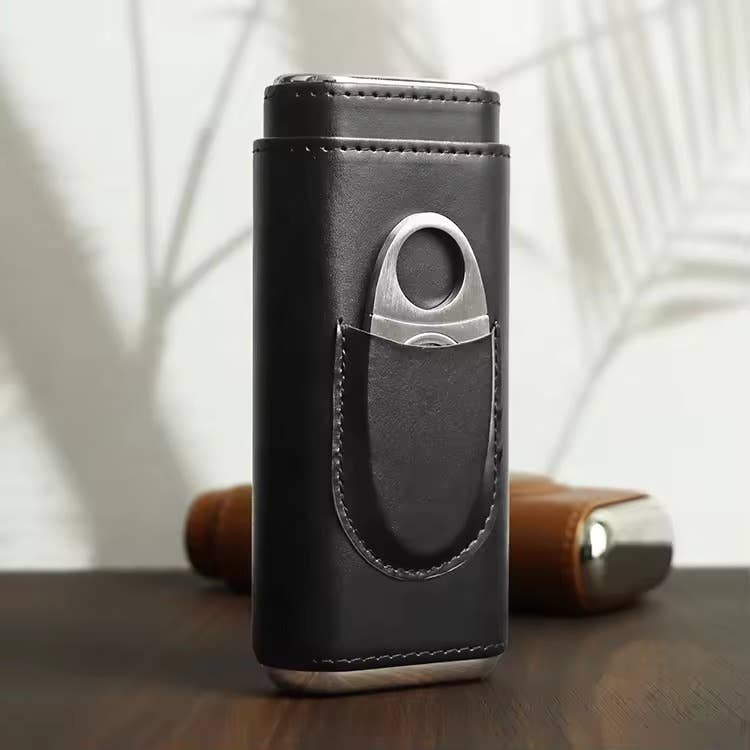 Genuine Leather Cigar Case, Wood Lined Humidor with Cutter: Black