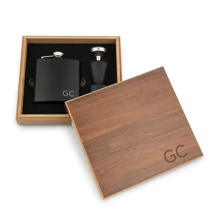 Wood Gift Box & Black Metal Hip Flask Set - Initials
